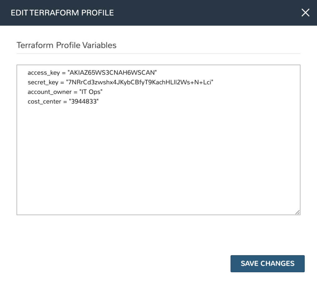 Edit Terraform profile dialog box